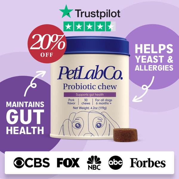 A high-conversion social media ad for a pet probiotic supplement featuring Trustpilot ratings and major media outlet logos to establish brand credibility.